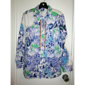 New Carlisle Floral & Leopard Stretch Cotton 12 L Enamel Buttons Long Slv Blouse